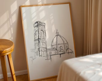 Duomo Florence Cathedral Printable Wall Decor, Vintage sketch art, Architecture Print, Italy Minimalist Line Art, Black and White Print