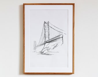 Golden Gate Bridge Digital Art Print, San Francisco, California Wall Decor, Vintage Style Sketch Art Line Drawing, Minimal Line Art