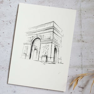 May include: A black and white pencil sketch of the Arc de Triomphe in Paris, France.