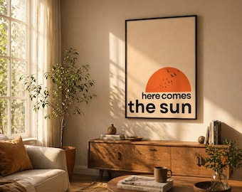 Leuke poster-hier komt de zon retroprint-minimalistische beige muurkunst (digitale download)