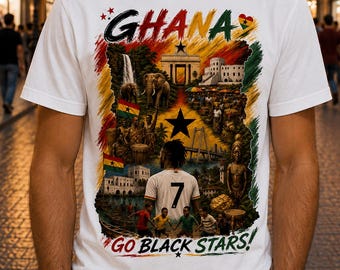 PNG-ontwerp voetbal Ghana | Voetbalfanart met zwarte sterren | T-shirt met kaart van Ghana, png | Sportsublimatie downloaden | Direct digitaal bestand