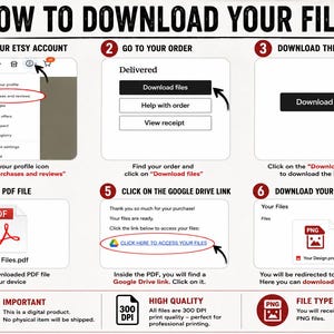 May include: A step-by-step guide with the title "HOW TO DOWNLOAD YOUR FILES." The guide includes screenshots and instructions for downloading files from Etsy, including accessing the Google Drive link and downloading PNG files.