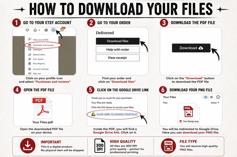 May include: A step-by-step guide with the title "HOW TO DOWNLOAD YOUR FILES." The guide includes screenshots and instructions for downloading files from Etsy, including accessing the Google Drive link and downloading PNG files.