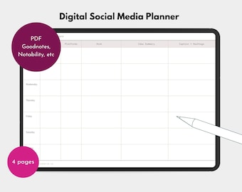 Puede incluir: Una plantilla de planificador de redes sociales digital con fondo blanco y líneas de cuadrícula negras. El planificador incluye columnas para plataforma, gancho, resumen de la idea y pie de foto y hashtags. El planificador está diseñado para su uso con aplicaciones de toma de notas digitales como Goodnotes, Notability y otras.