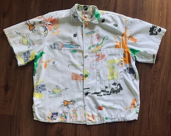 Vintage 80s Carnival Character Button-Up - 1950s style Circus Sketchbook Art Shirt - 1980s Novelty Memphis Rockabilly Punk