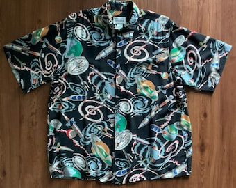 Vintage 80s 90s Reyn Spooner Outer Space Race Shirt - 1980s Rockabilly Science Punk Rockets - 1950s Cosmos illustration Style