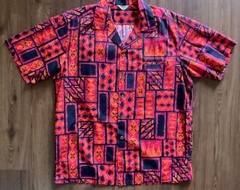 Vintage 50s 60’s Kamehameha Tiki Shirt Red Orange 1950s Hawaiian Primitive Fire God Button Up 60’s Rockabilly Punk