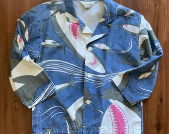 Vintage 80’s Michigan Rag Shark Jacket - Hip Hop Pop Art Jaws Chore Coat - 1980s New Wave Punk Denim Blazer