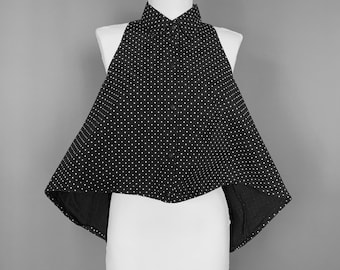 80s Jimmy’Z Architectural Shirt - Vintage Goth Polka Dot - Bauhaus Baby Doll Button Up - Trapeze Crop Top - High Low New Wave Pop Punk Cape