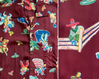 Camisa vaquera hawaiana vintage de los 90 - Rayón con botones - Estilo rockabilly surf punk burdeos de los 90 - Estampado mexicano original por toda la prenda