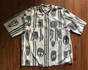 Vintage 80s JIMMY’Z  MASKS Print Shirt - 1980s Afro Rockabilly Tribal Punk - Surf Skate Goth Button Up