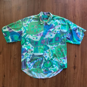 Vintage 80s Millard Sheets style Art Shirt - Mid Century Playground - Mary Blair - 1980s Memphis Milano Hawaiian Art Punk Loop Collar Oxford