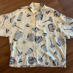 Vintage 90s Esprit Sport Tiki Indigenous Instruments Button up Shirt 1990 80s 90s 50s