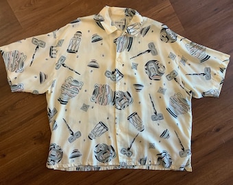 Vintage 90s Esprit Sport Tiki Indigenous Instruments Button up Shirt 1990 80s 90s 50s