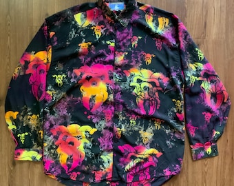 Vintage 90s Island Electric Gothic Occult Shirt - 1990s Neon Cyber Punk Rave Fantasy - Blacklight Clubwear - Darkwave Goth Rock ‘N Roll