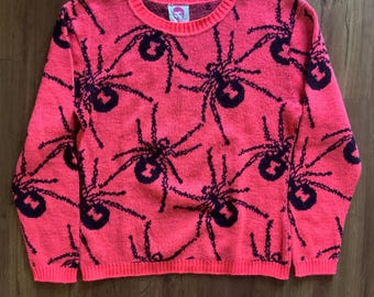 Vintage 80er Jahre Betsey Johnson Punk Label Spiders Pullover - 1980er New Wave - Pink Pop Art Neuheit - Schwarze Witwen Strickpullover