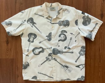 Vintage 80s JIMMY’Z  Guitar Print Shirt 1980s Rock N Roll Surf Skate Goth Punk Button Up