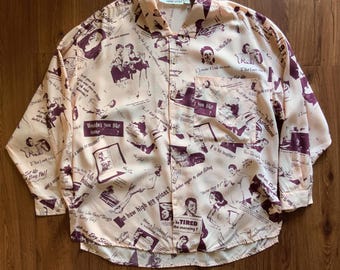 Vintage 80’s x 50s Esprit Sport Advertising Shirt - 1980s Playful 40s Catalog Art Button Up - Rockabilly Loop Collar Punk Style