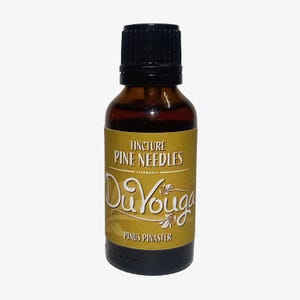 Puede incluir: Una botella de vidrio marrón con una tapa negra, etiquetada "Tincture Pine Needles DuVouga Pinus Pinaster".