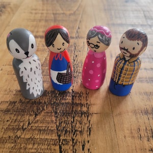 Little Red Riding Hood Story Sack Peg Dolls, Handpainted Wooden Peg Dolls, character peg dolls, custom design peg dolls ava
