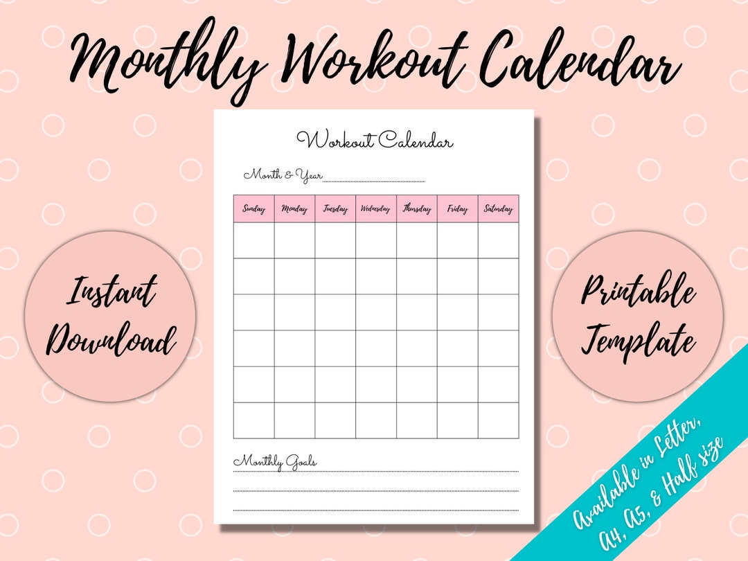 Monthly Workout Calendar Page, Workout Tracker, Printable, Fitness