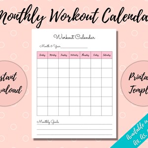 May include: Printable monthly workout calendar template with a pink and white background. The calendar has spaces for each day of the week and a section for monthly goals.