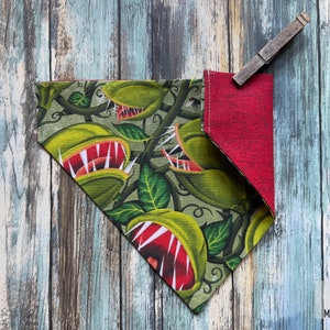 May include: A green and red bandana with a print of carnivorous plants with red mouths and white teeth. The bandana is folded in half and held together with a wooden clothespin.
