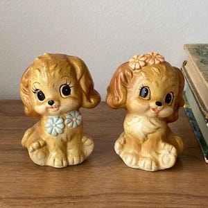 Vintage Ceramic Dog Salt and Pepper Shakers: 1950s Kawaii Puppy Pair