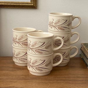 Vintage Biltons England Wheat Mugs Set of 7 Cream Brown Stackable