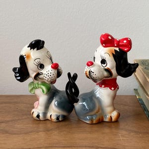 Vintage Anthropomorphic Dog Salt and Pepper Shakers: 1950s Japan Ceramic Puppy Couple