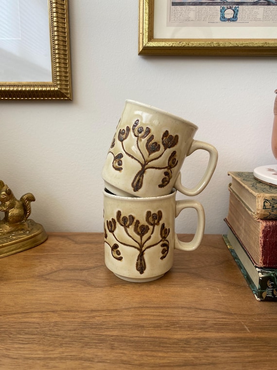 Vintage Stoneware Mugs Set of 2 Made in England Brown Floral