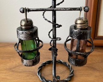 Vintage Nautical Glass Hanging Lantern Salt and Pepper Shakers with Anchor Stand, 1960s