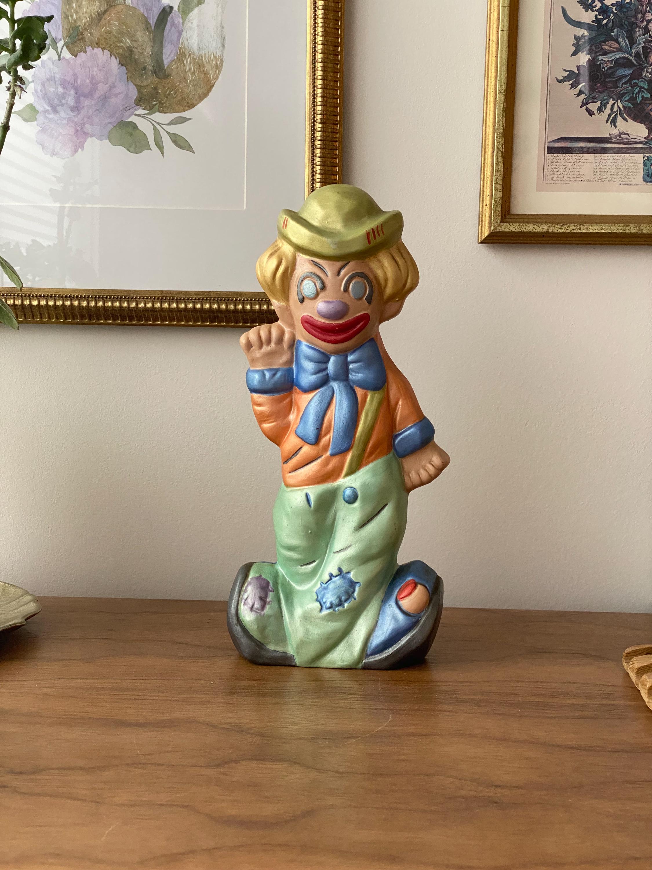 ヴィンテージ陶器製ピエロの置物：両面ハッピー＆サッドフェイス、1970