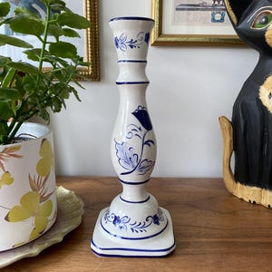 Tall Vintage Portuguese Ceramic Candlestick – Hand Painted Blue and White Floral Taper Candle Holder – Rustic Country Farmhouse Decor
