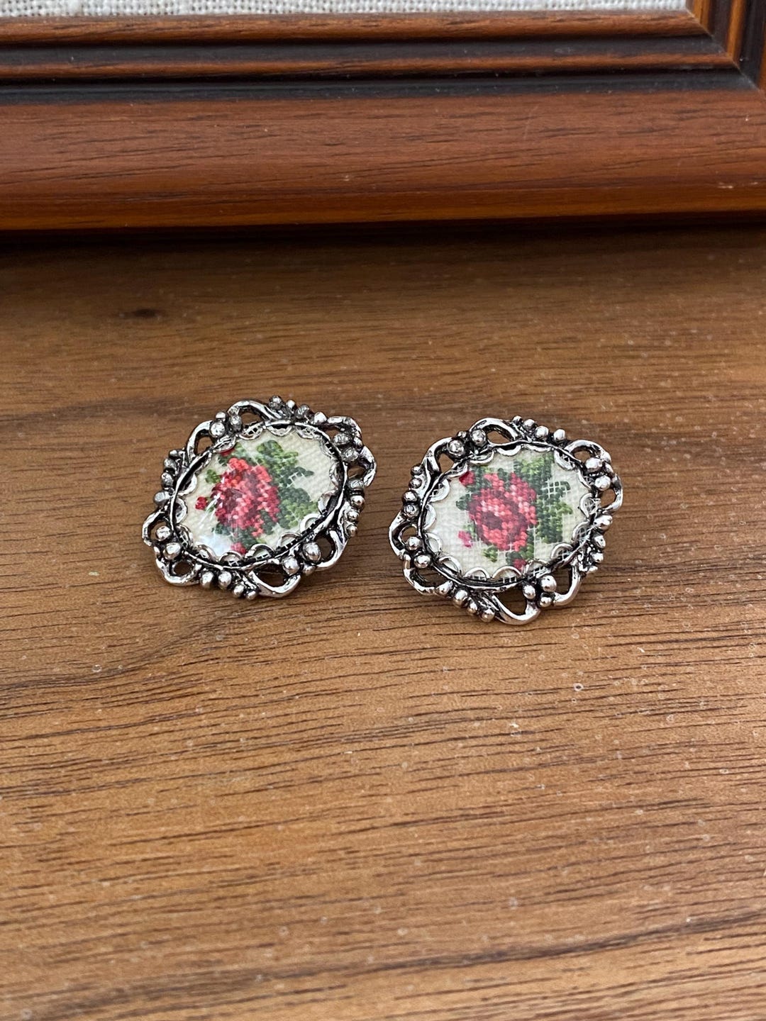 Vintage Rose Cross-stitch Clip-on Earrings – Cottagecore Filigree - Etsy