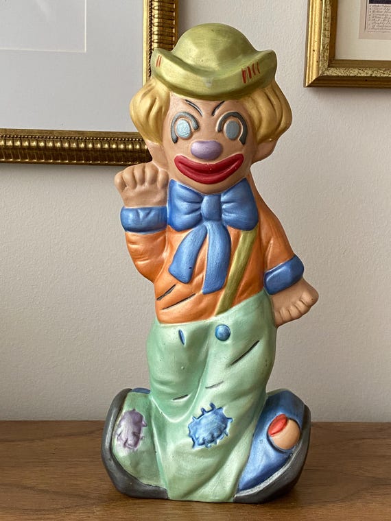ヴィンテージ陶器製ピエロの置物：両面ハッピー＆サッドフェイス、1970