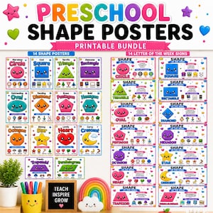 May include: A printable bundle of preschool shape posters and letter of the week signs featuring colorful cartoon shapes with faces, real-life examples, and text labels. The collection includes various geometric shapes like circles, squares, and triangles, displayed on white backgrounds with stars and confetti accents.