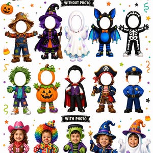 May include: A Halloween-themed digital template featuring various character costumes with blank face cutouts for photos, including a scarecrow, witch, ghost, bat, skeleton, zombie, pumpkin, vampire, pirate, police officer, clown, and wizard.