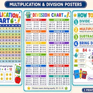 Könnte beinhalten: Drei Lernposter mit dem Titel Multiplication & Division Posters, 8,5 x 11 Zoll. Die Diagramme enthalten farbenfrohe Raster, Divisionstabellen und Schritt-für-Schritt-Anleitungen zur schriftlichen Division mit Zeichentrickfiguren wie Sternen und Stiften.