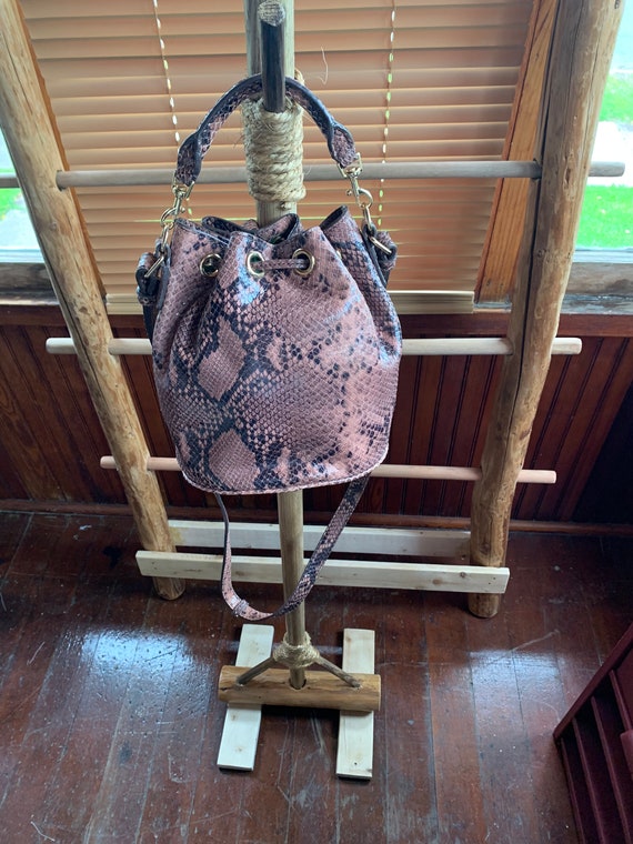 Leather-snake skin embossed bucket bag