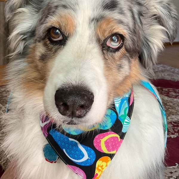 Summer Flip Flops, Reversible Tie On Dog Bandana, Gift for Dog Moms, Welcome Puppy Gift - Colorful & Tropical!