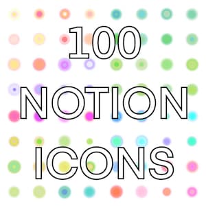 May include: An image with the text "100 NOTION ICONS" in a bold, outlined font. The background features a grid of colorful, blurred circles in shades of pink, yellow, green, and blue, creating a vibrant and playful design.