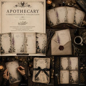 May include: A collection of four printable Victorian writing papers featuring botanical illustrations of nightshade, foxglove, and apothecary bottles. The stationery set includes aged parchment-style paper with lined sections, decorative borders, and vintage-inspired typography.