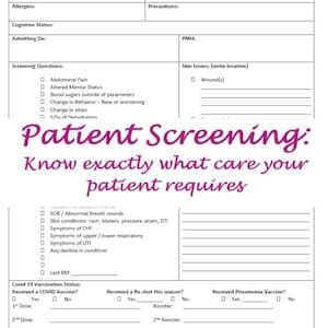 Puede incluir: Un formulario de detección de pacientes con secciones para información personal, alergias, estado cognitivo, diagnóstico de admisión, historial médico, problemas de la piel, preguntas de detección y estado de vacunación contra la COVID-19. El formulario incluye casillas de verificación para varios síntomas y afecciones, así como espacios para respuestas escritas.