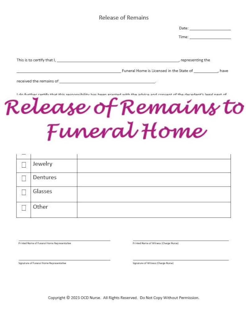 Remains Notes Release of Remains to Funeral Home - Etsy