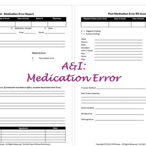 May include: Two-page document titled "A&I: Medication Error" with forms for reporting medication errors and post-medication assessments. The forms include sections for resident information, error details, and signatures. The title is in purple script.
