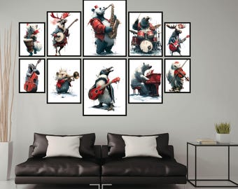 May include: A set of ten framed watercolor prints featuring anthropomorphic animals playing musical instruments. The animals include a fox, deer, panda, bear, moose, beaver, hedgehog, penguin, polar bear, and a seal. Each animal is dressed in festive attire.