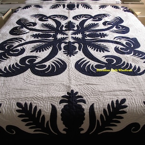 Hawaiian quilt Handmade Bedspread 2 pillow shams 100% hand quilted/hand appliqued  Coconut-Pineapple-Fern