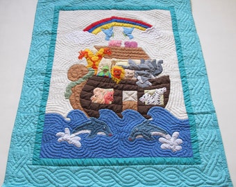 Hawaiian Style Quilt Wall hanging baby blanket comforter hand quilted/machine embroidered Noah's Ark