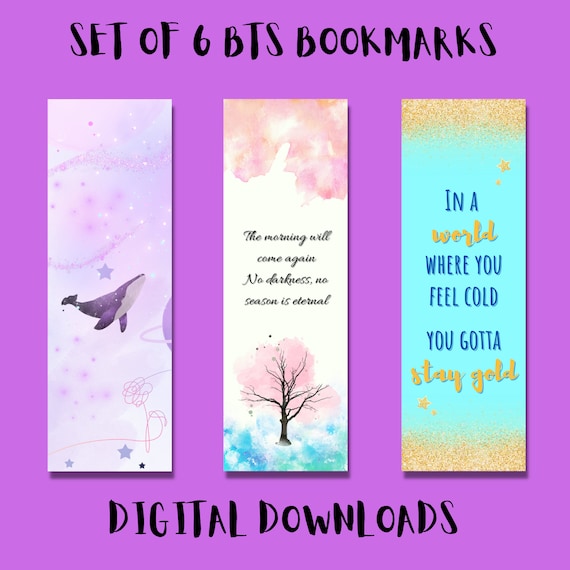 Printable BTS Inspired Bookmarks, Set of 6, Digital Bookmarks to